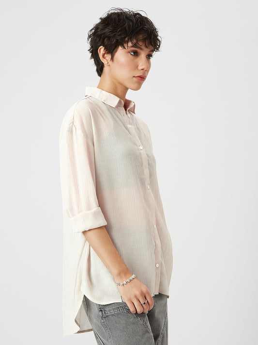Glittery Beige Crinkled Oversized Shirt