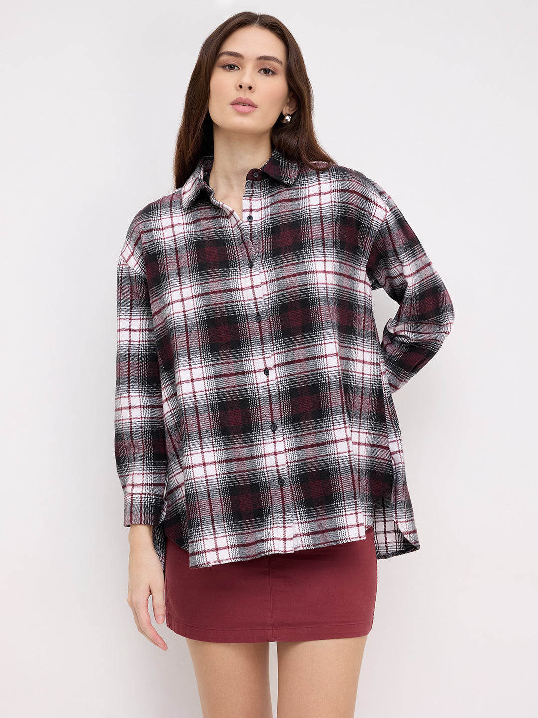 Maroon & White Checked Oversized Flannel Shirt