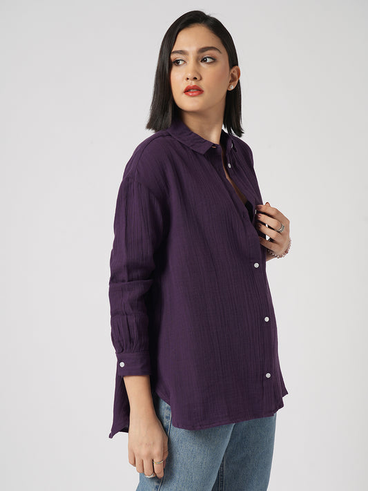 Kalamata Purple Textured Double Cloth Oversized Shirt