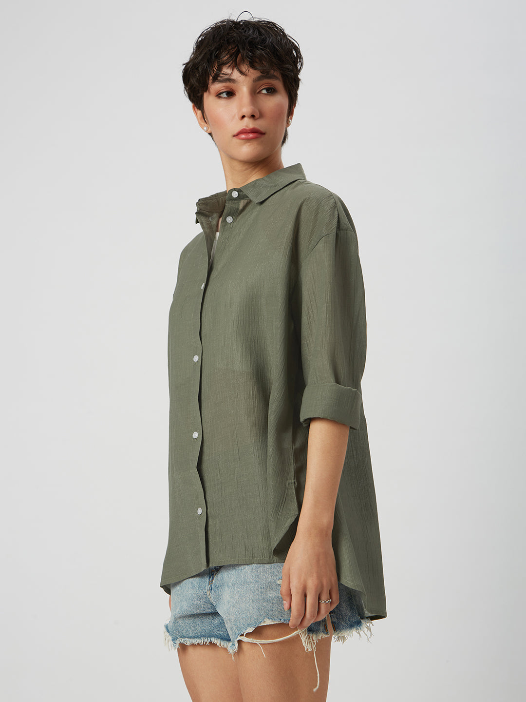 Glittery Olive Crinkled Oversized Shirt