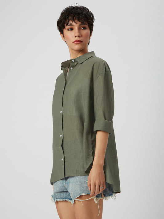 Glittery Olive Crinkled Oversized Shirt