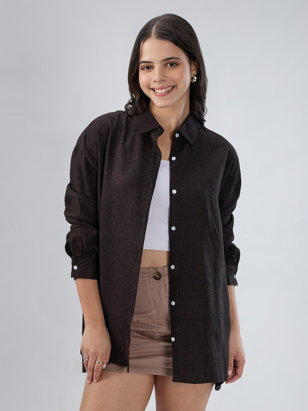 Bistre Brown Artistic Printed Oversized Shirt