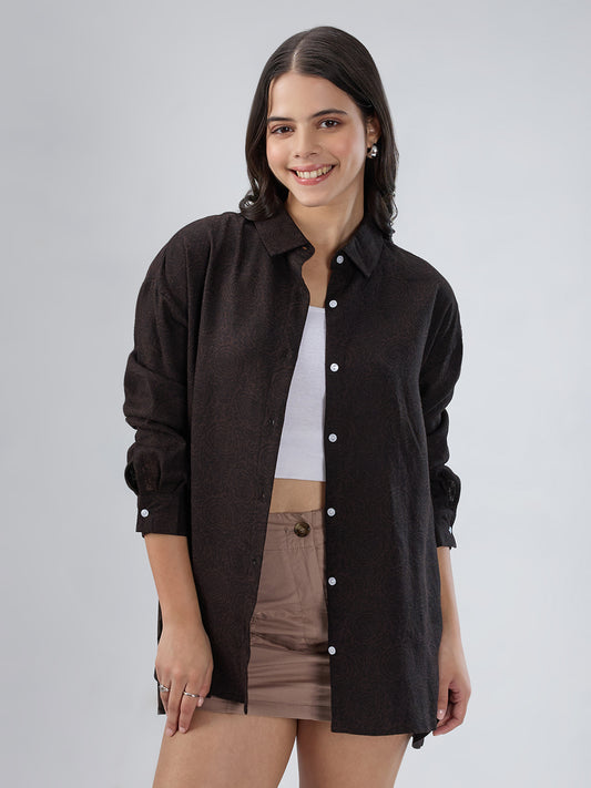 Bistre Brown Artistic Printed Oversized Shirt