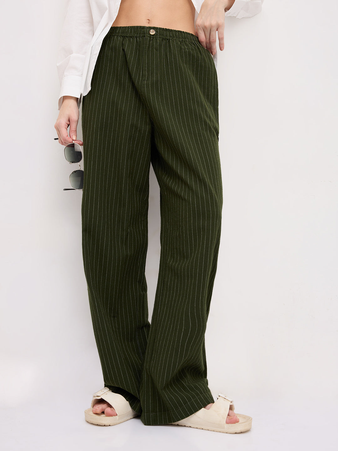 Deep Olive Pin Stripe Wide Leg Trousers