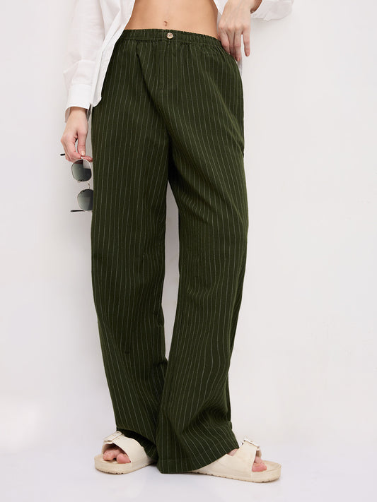 Deep Olive Pin Stripe Wide Leg Trousers