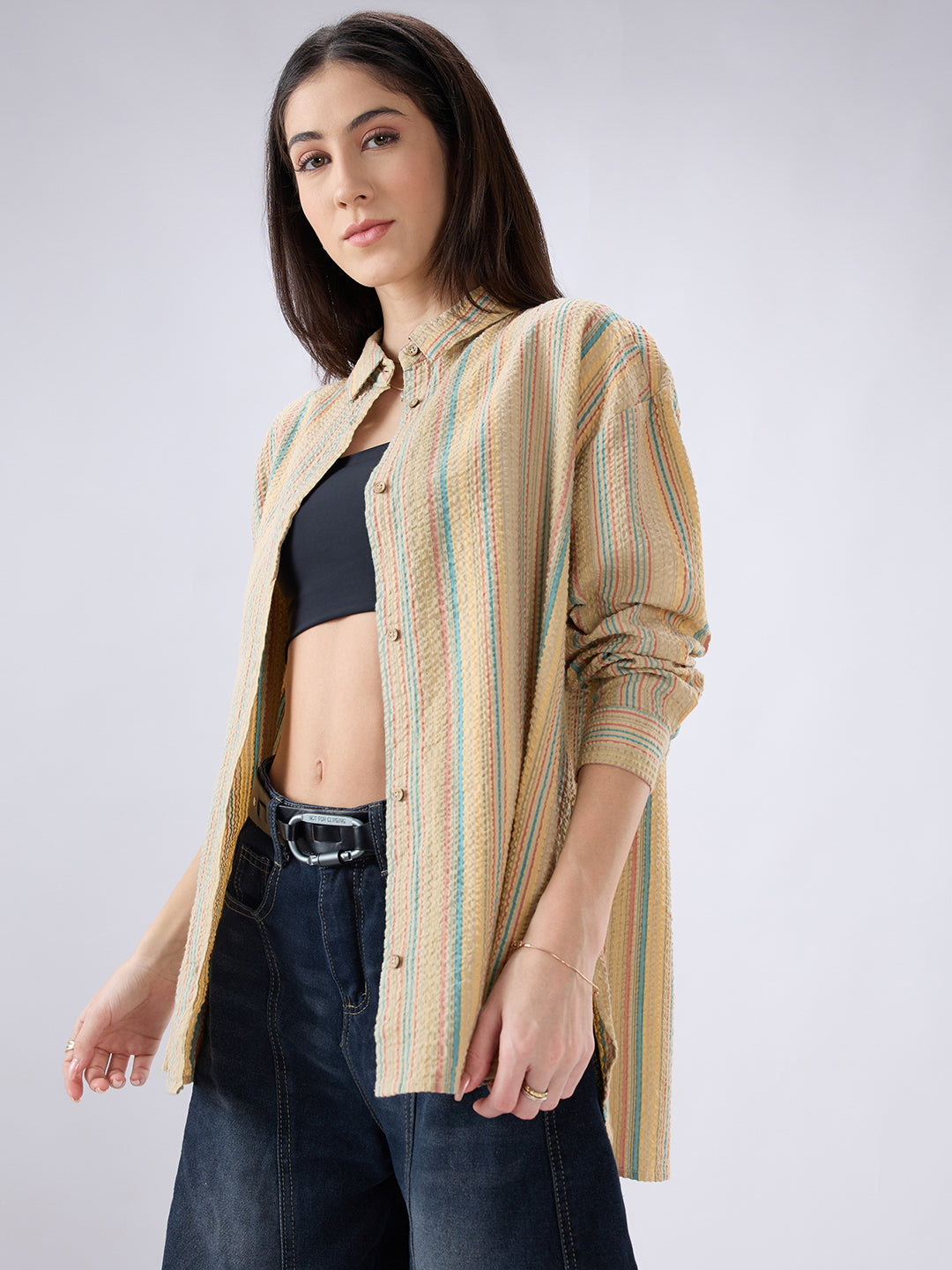 Classic Multicolor Striped Seersucker Oversized Shirt