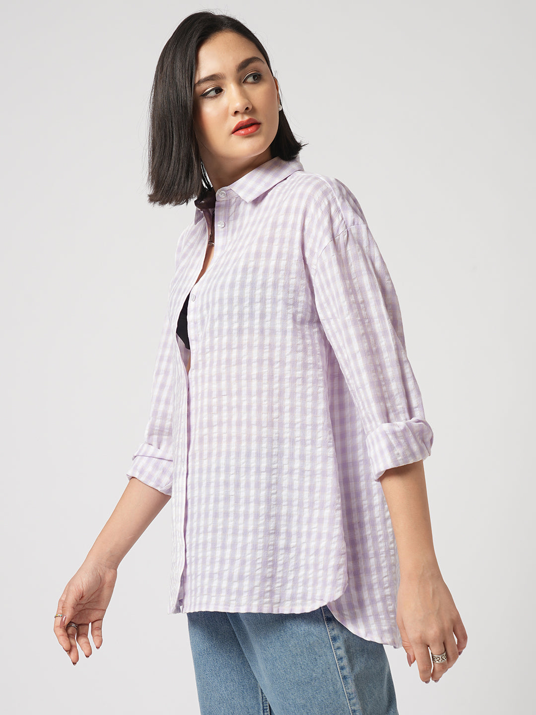 White & Lavendar Gingham Checks Oversized Shirt