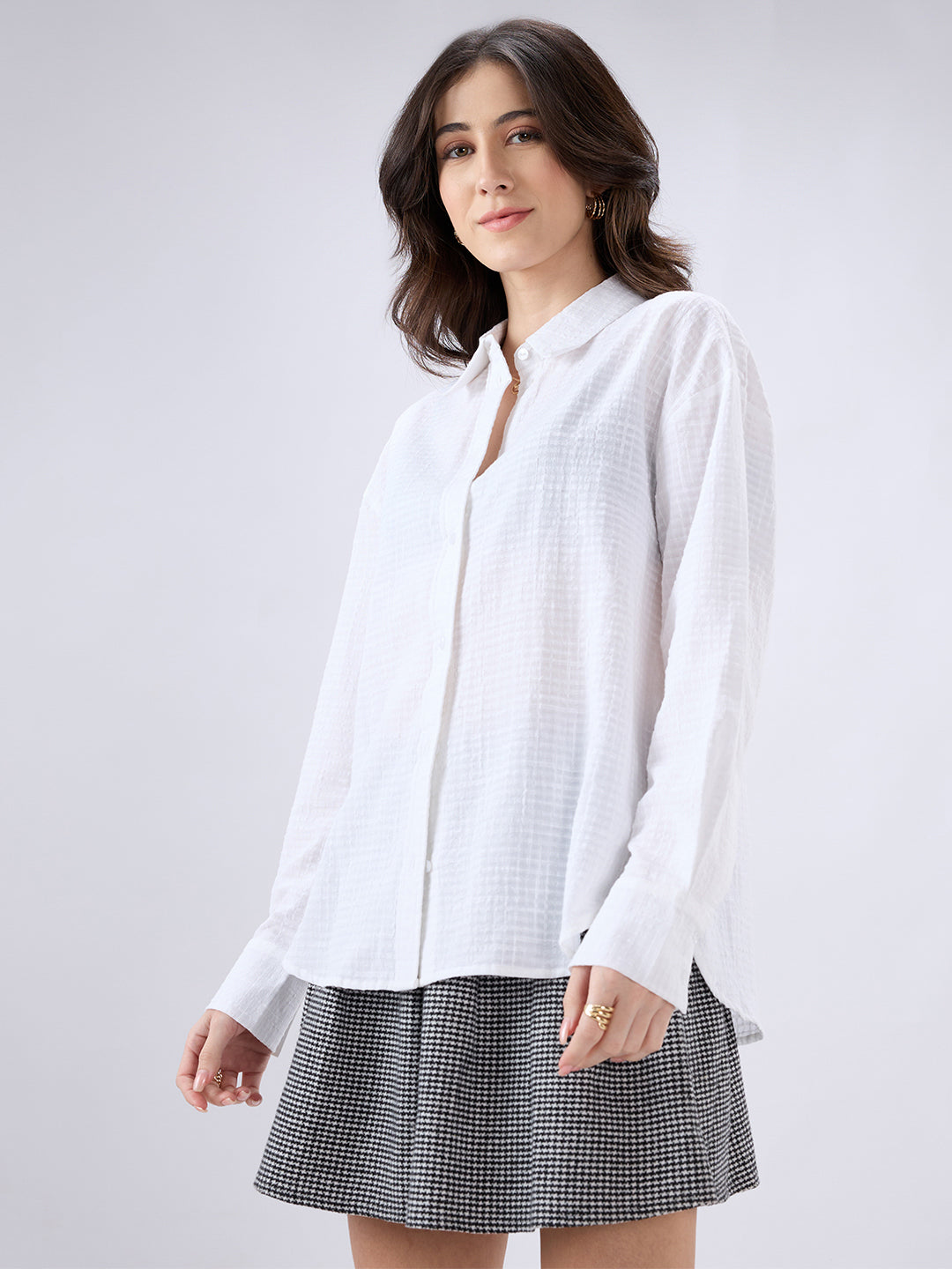 White Seersucker Textured Oversized Shirt