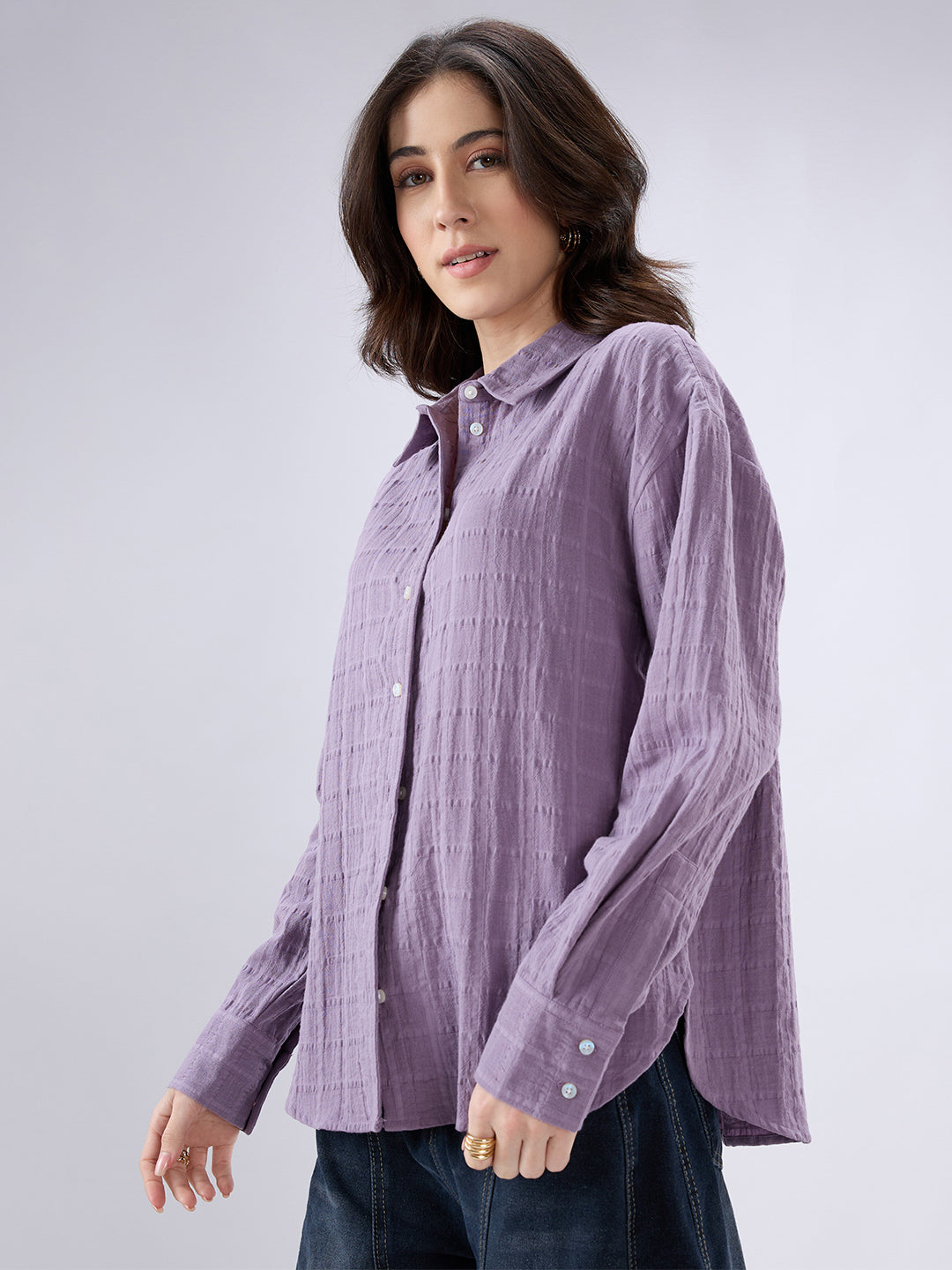 Lavender Seersucker Checked Doublecloth Oversized Shirt