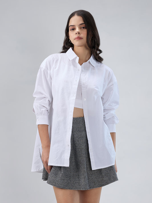 White & Lilac Pin Striped Seersucker Oversized Shirt