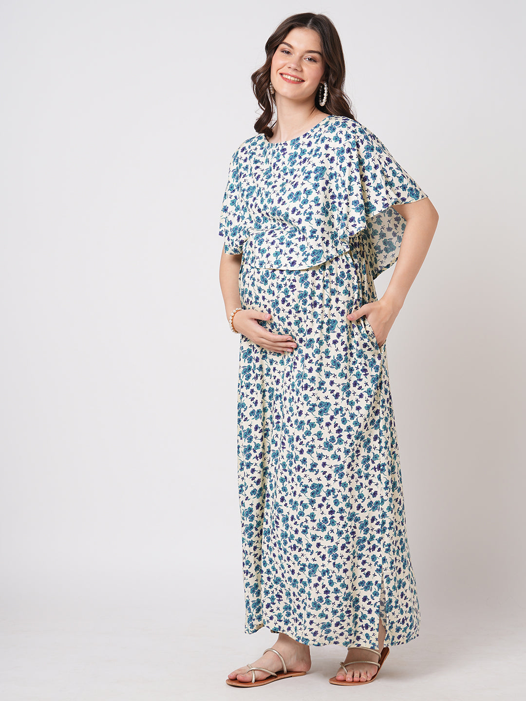 Ivory Vivid Blue Cosmos Floral Printed Maternity Dress