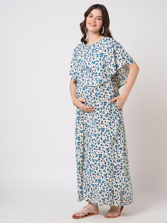 Ivory Vivid Blue Cosmos Floral Printed Maternity Dress