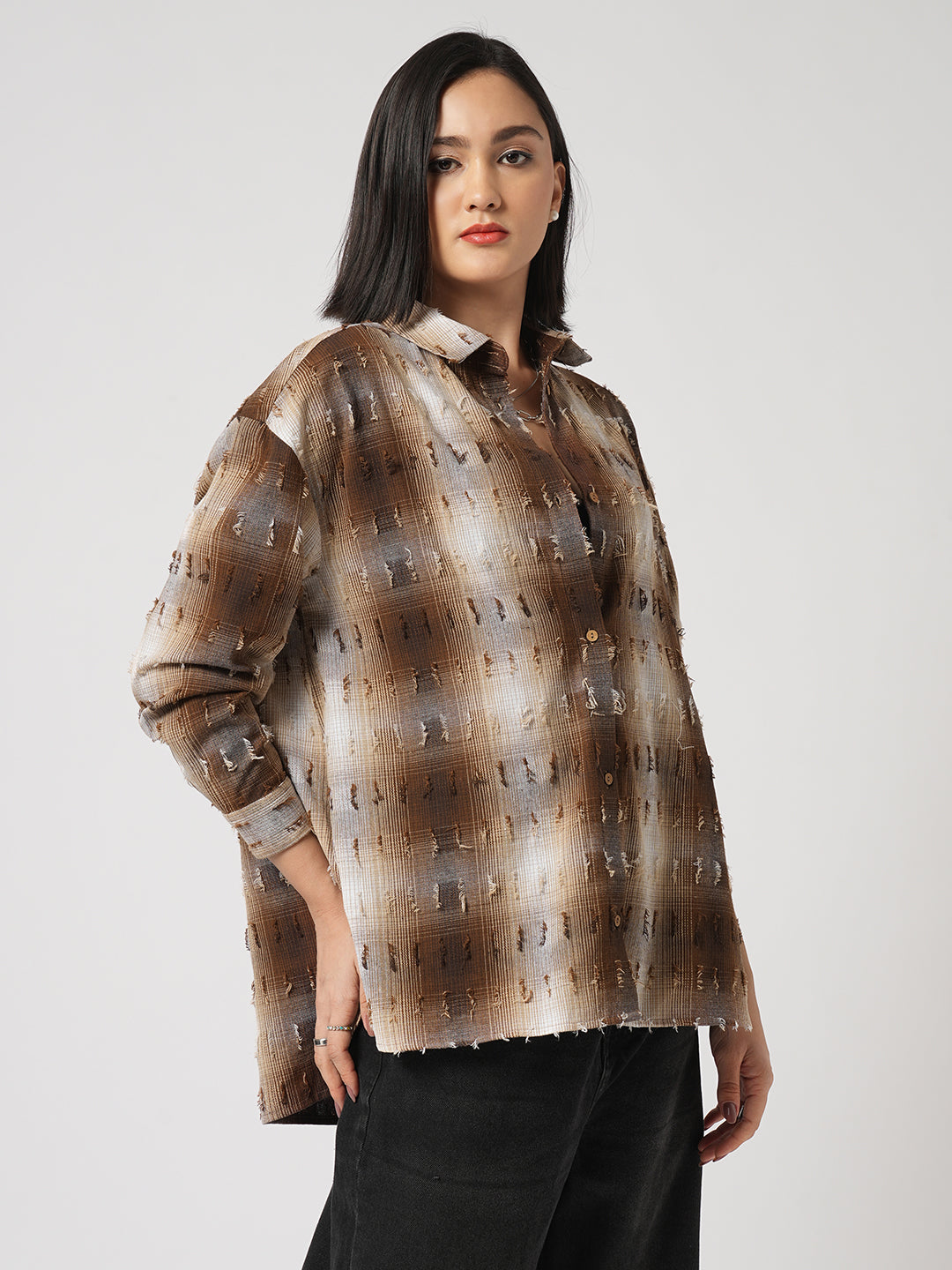 Brown & Beige Self Design Frayed Oversized Shirt