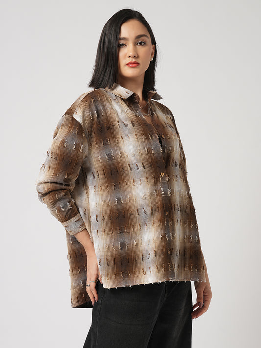 Brown & Beige Self Design Frayed Oversized Shirt