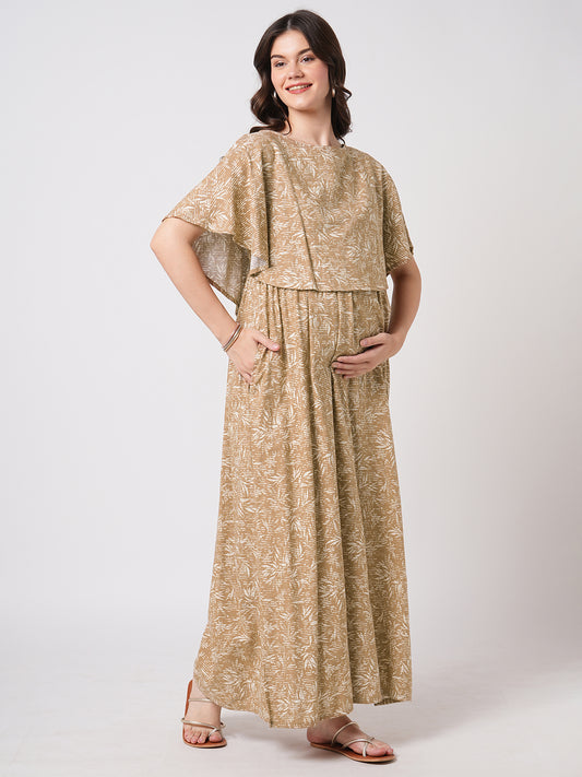Tawny Brown Leafy Printed Maternity Dress