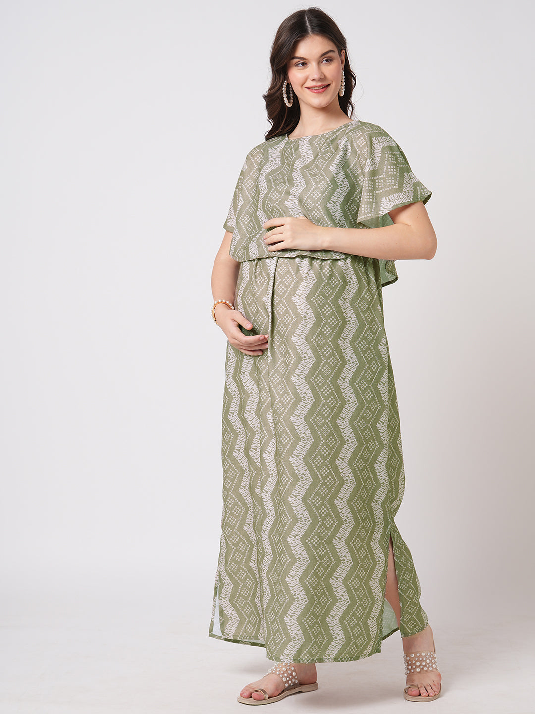 Basil Green Ikat Printed Maternity Dress