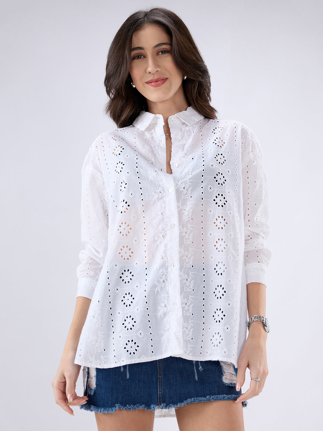 White Schiffli Oversized Shirt