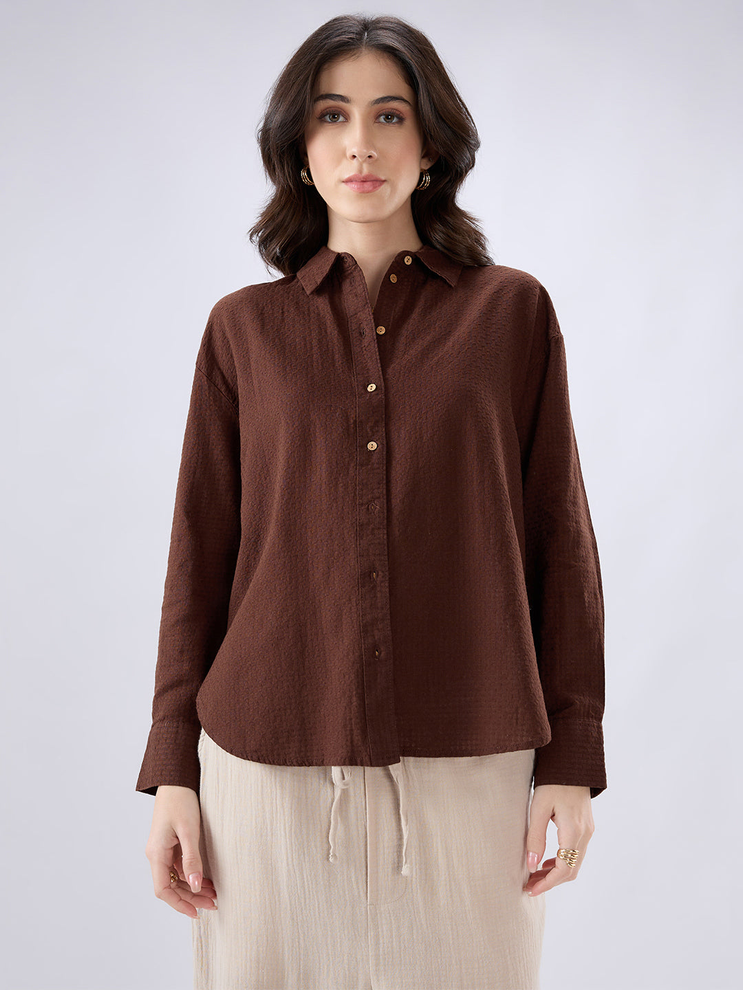 Chocolate Brown Jacquard Weave Oversized Shirt