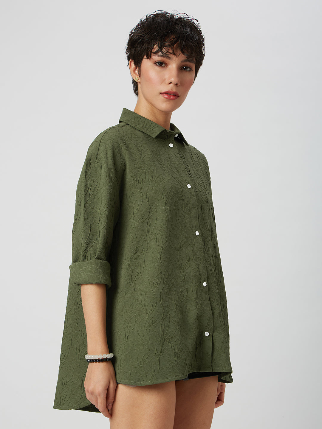 Olive Leafy Textured Oversized Shirt