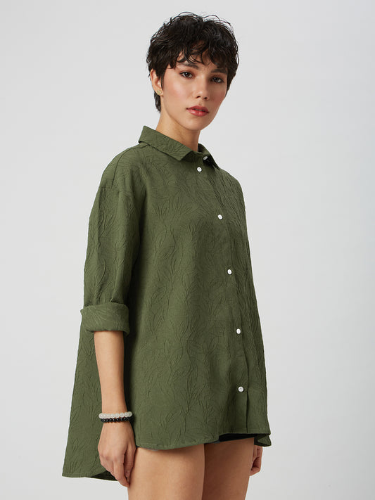 Olive Leafy Textured Oversized Shirt