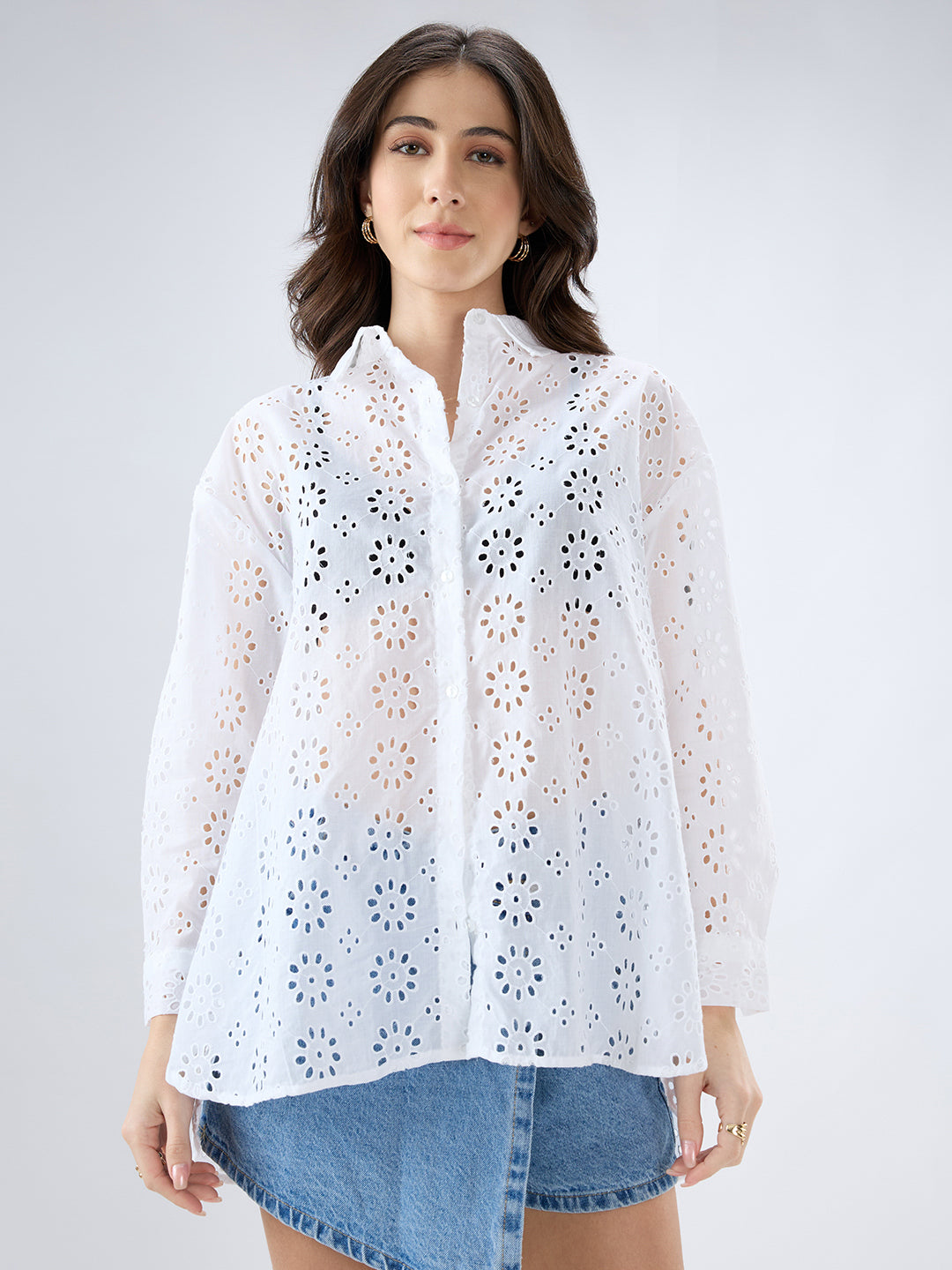 White Floral Schiffli Oversized Shirt