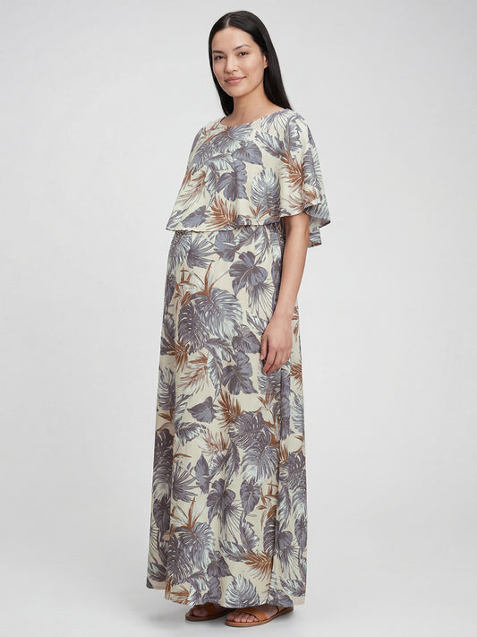 Beige Palm Leaf Tropical Printed Maternity Dress