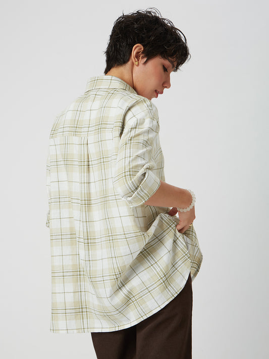 Beige & Olive Tartan Checked Oversized Shirt