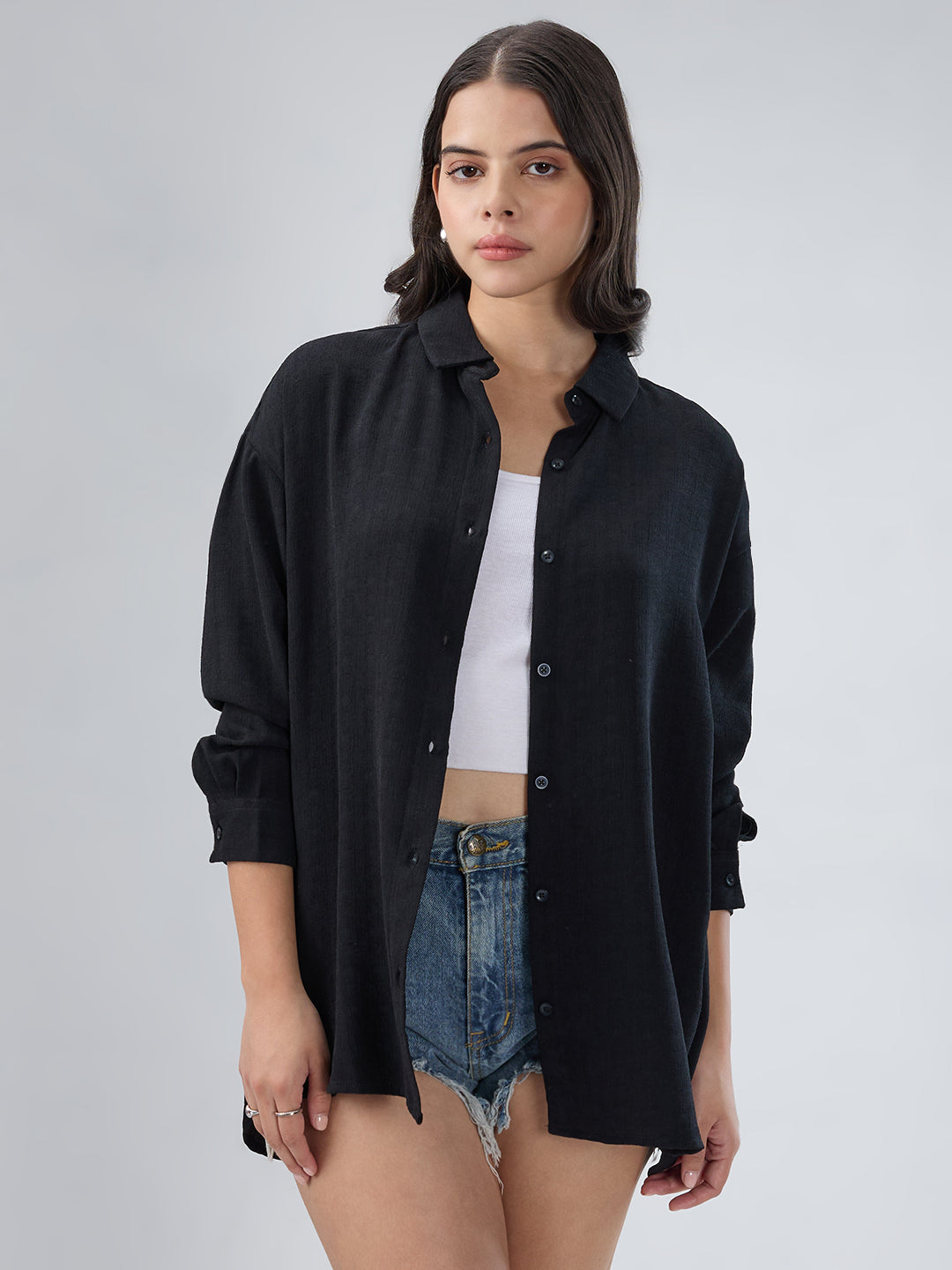 Classy Black Textured Oversized Shirt