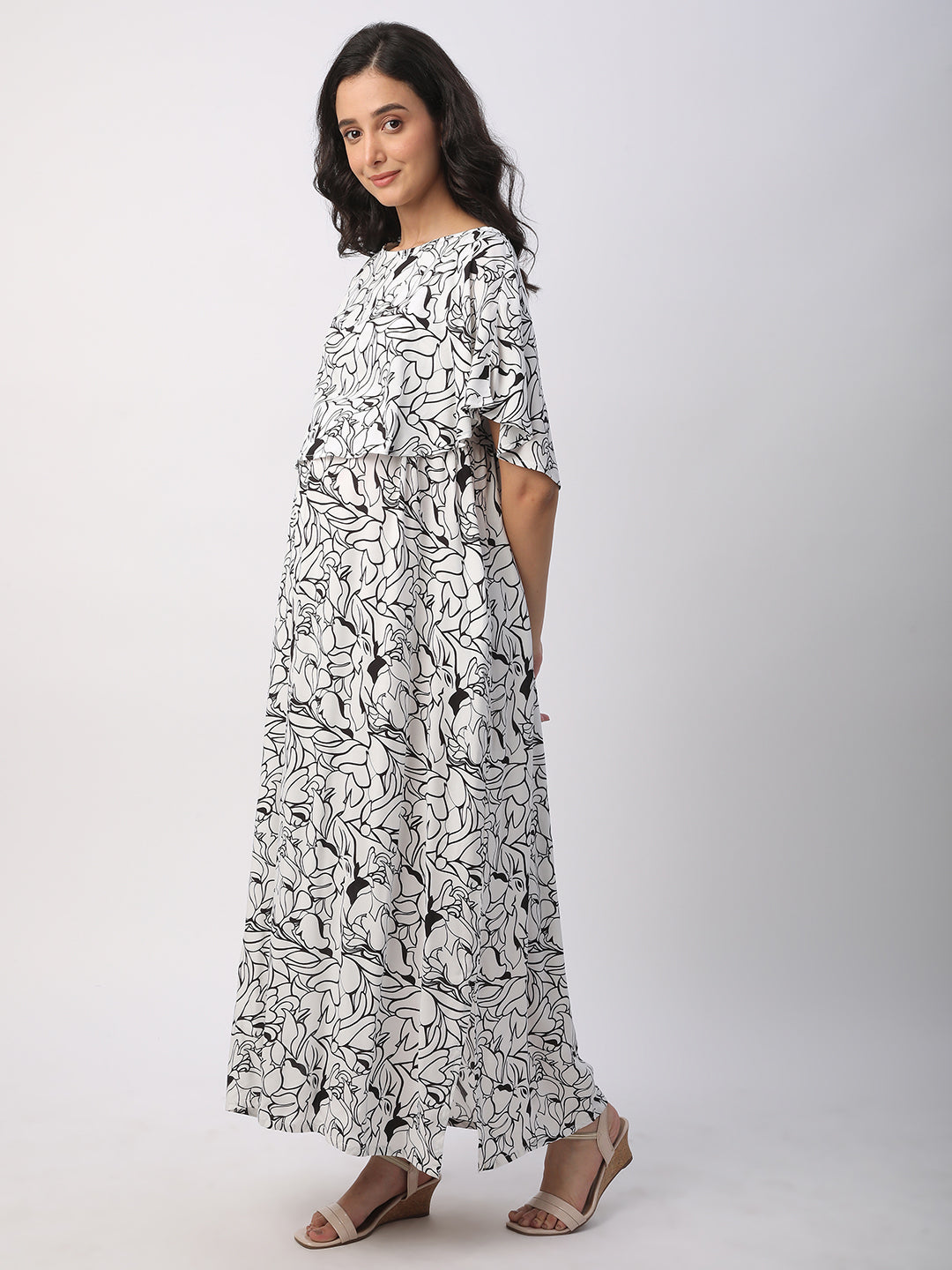 Black & White Tropical Printed Maternity Dress
