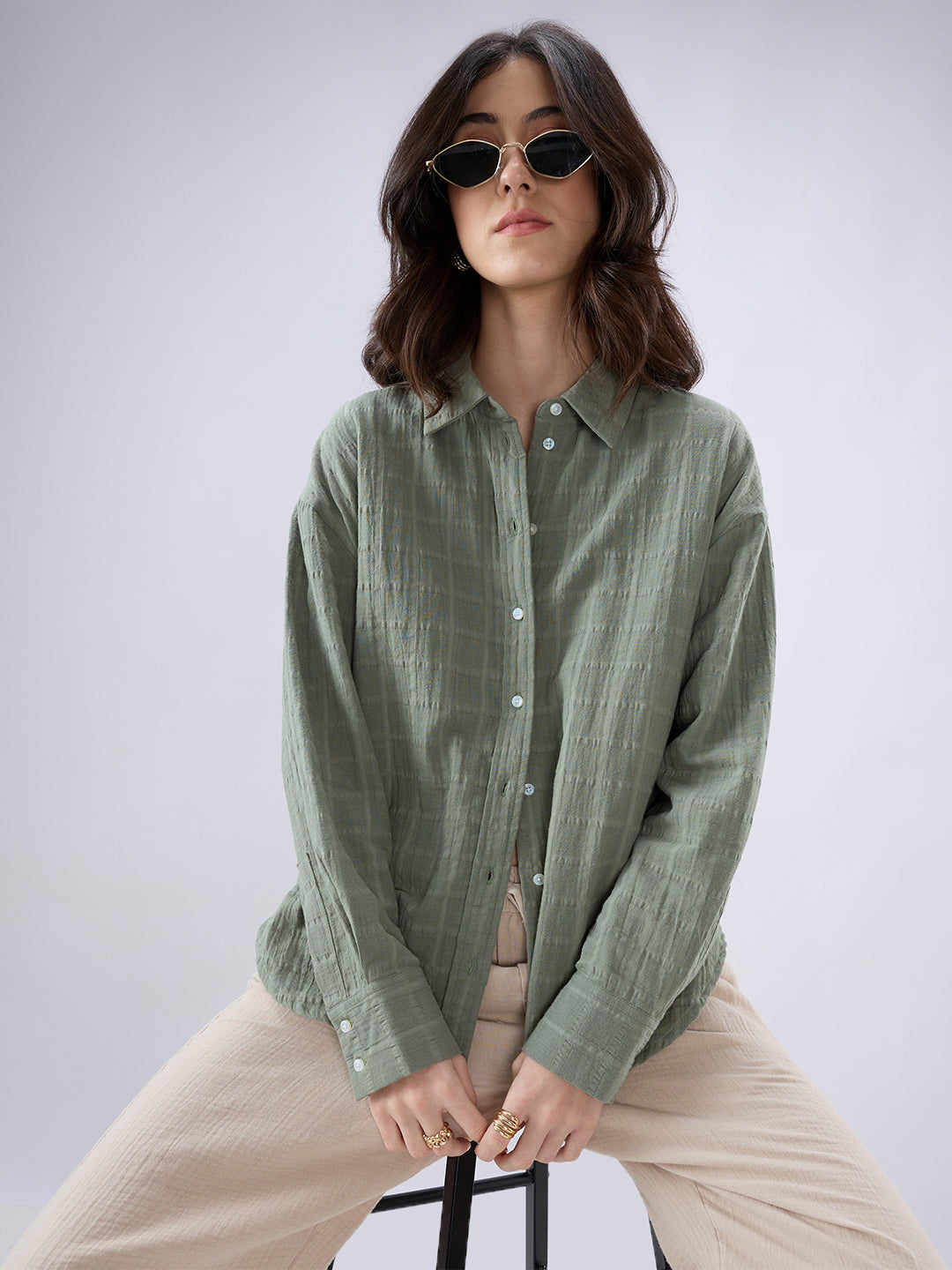Asparagus Green Seersucker Doublecloth Oversized Shirt