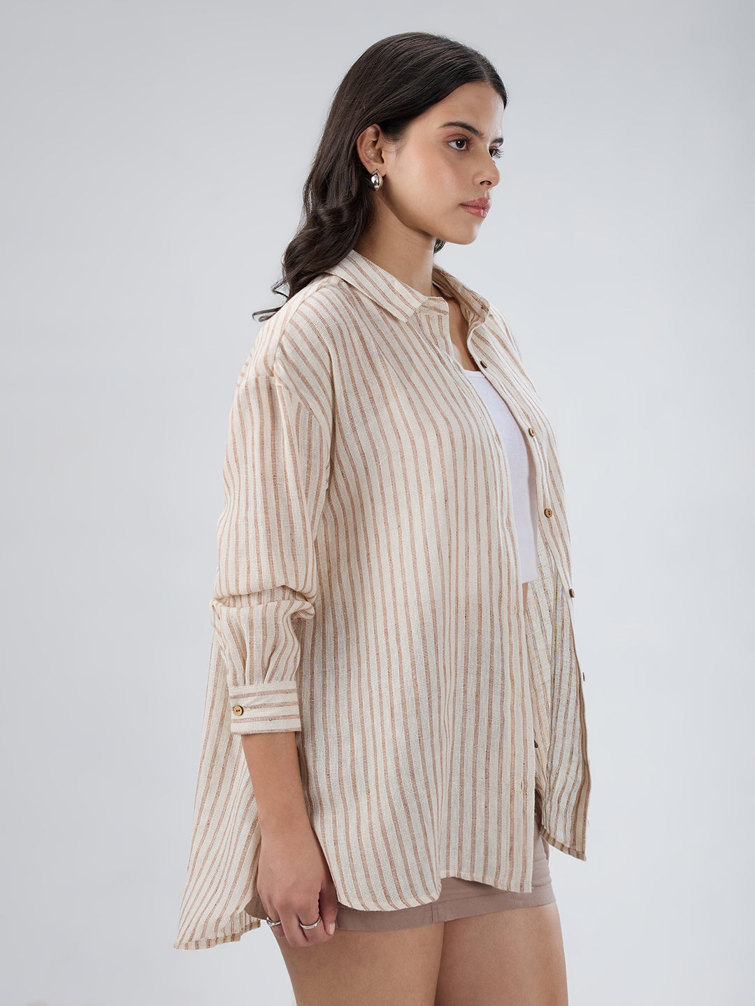 Beige & Brown Striped Burlap Shirt