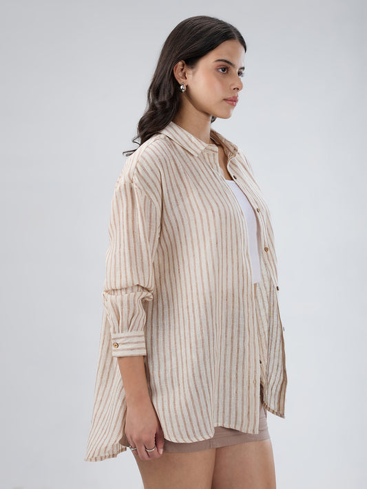 Beige & Brown Striped Burlap Shirt