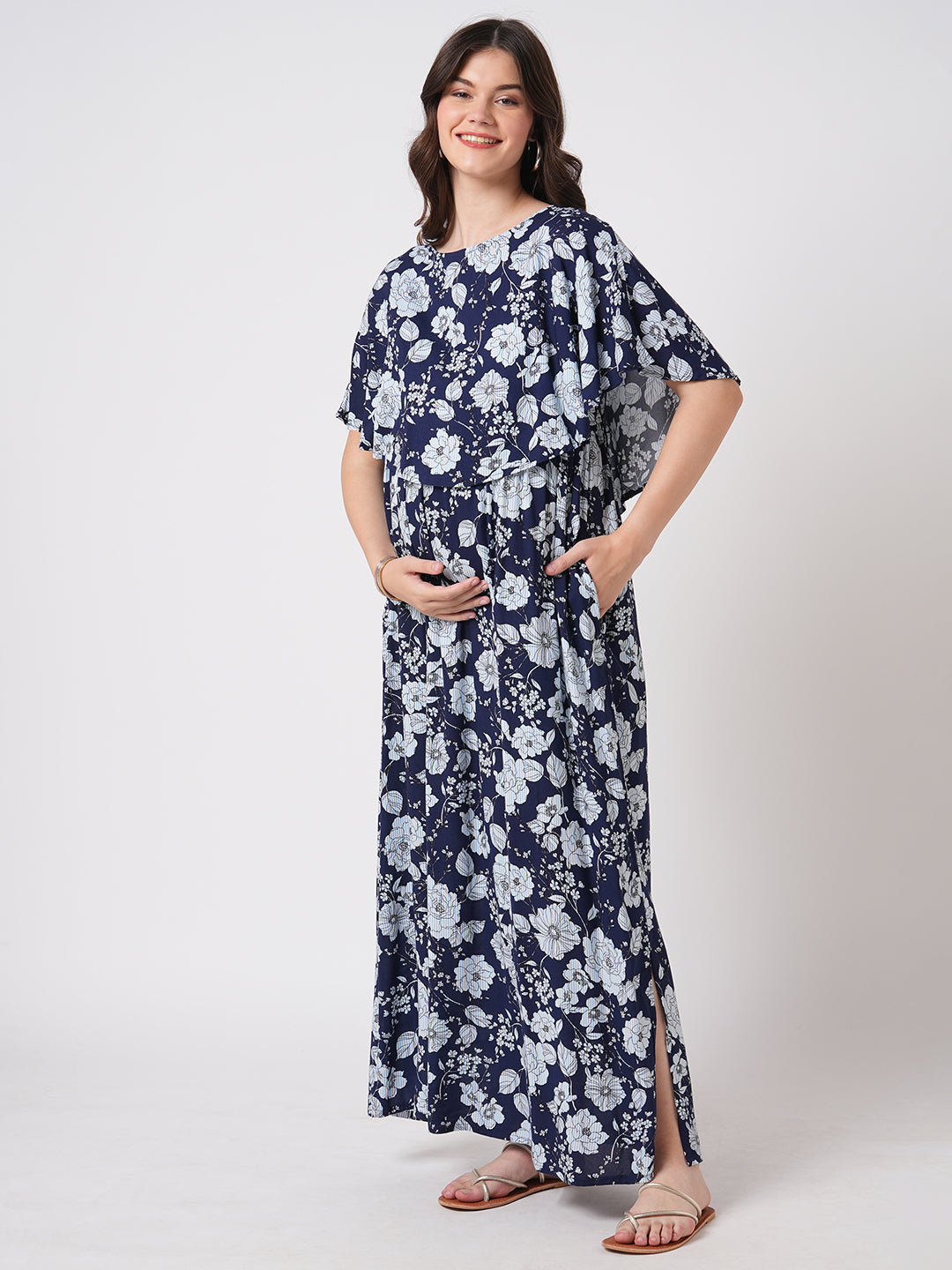 Chic Navy Blossom Printed Comfy Maternity Dress
