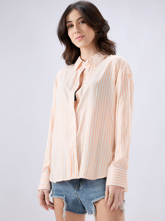 Peachy Orange & white Striped Oversized Shirt