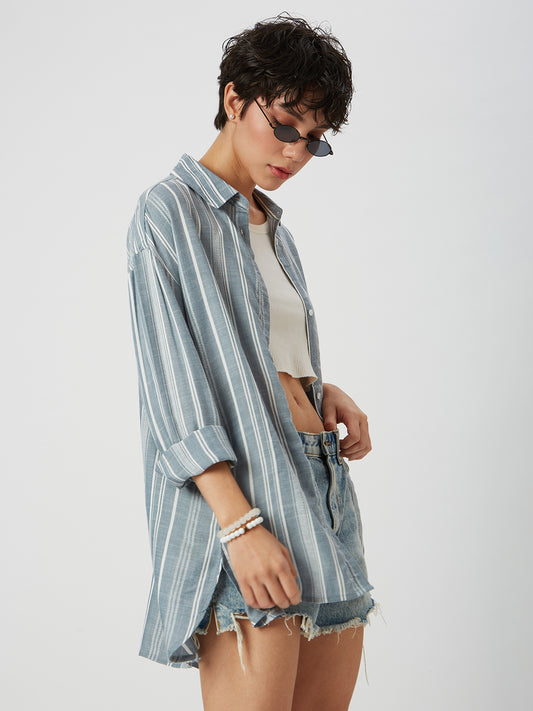 Blue & White Dobby Striped Oversized Shirt