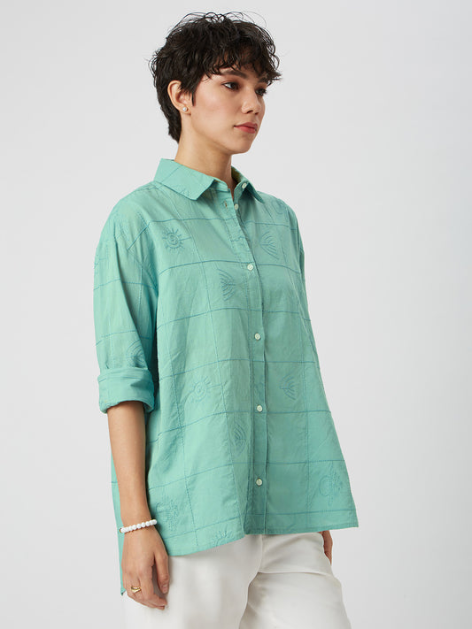 Turquoise Embroidered Oversized Shirt