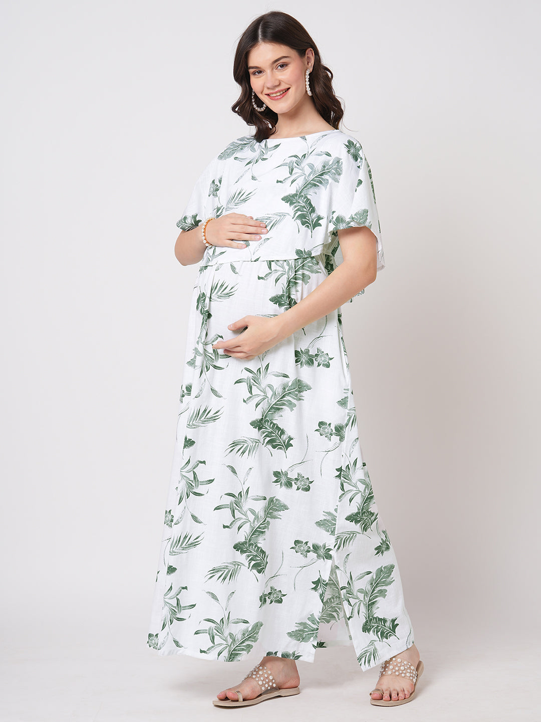 White & Olive Tropical Printed Maternity Dress