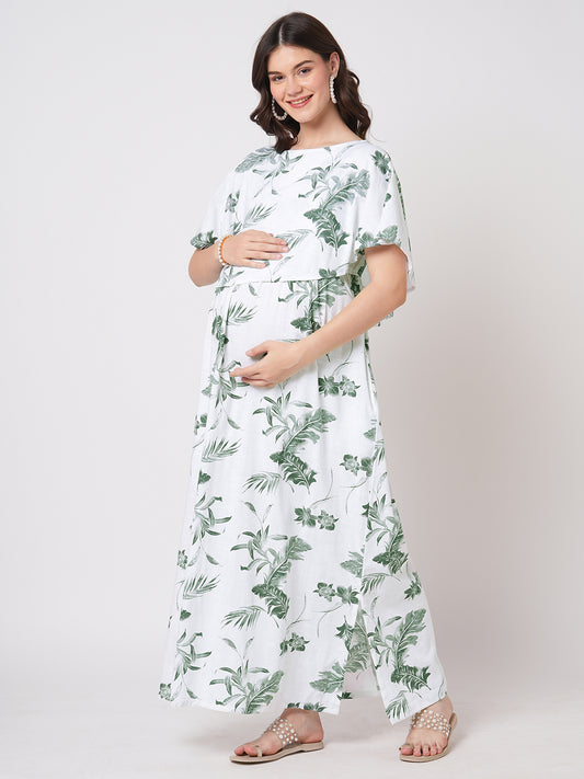 White & Olive Tropical Printed Maternity Dress