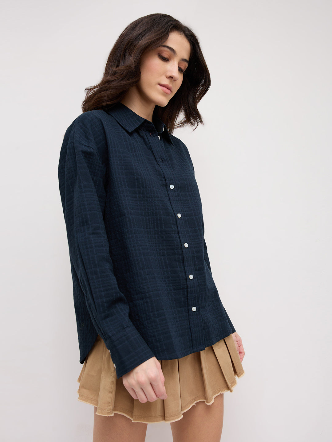 Teal Blue Block Embossed Textured Oversized Shirt