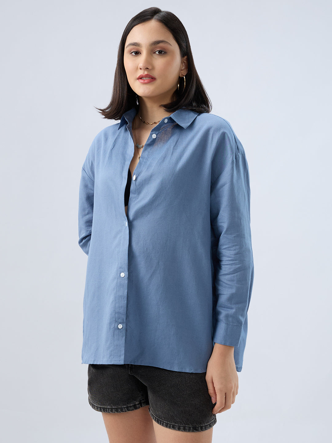 Steel Blue Linen Oversized Shirt