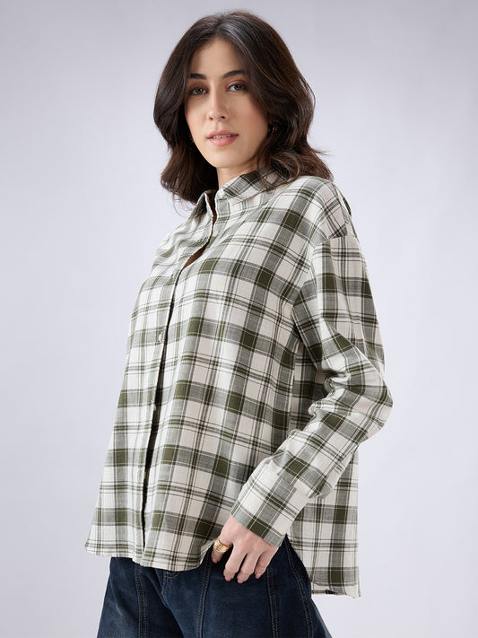 Olive & White Tartan Checkered Oversized Shirt