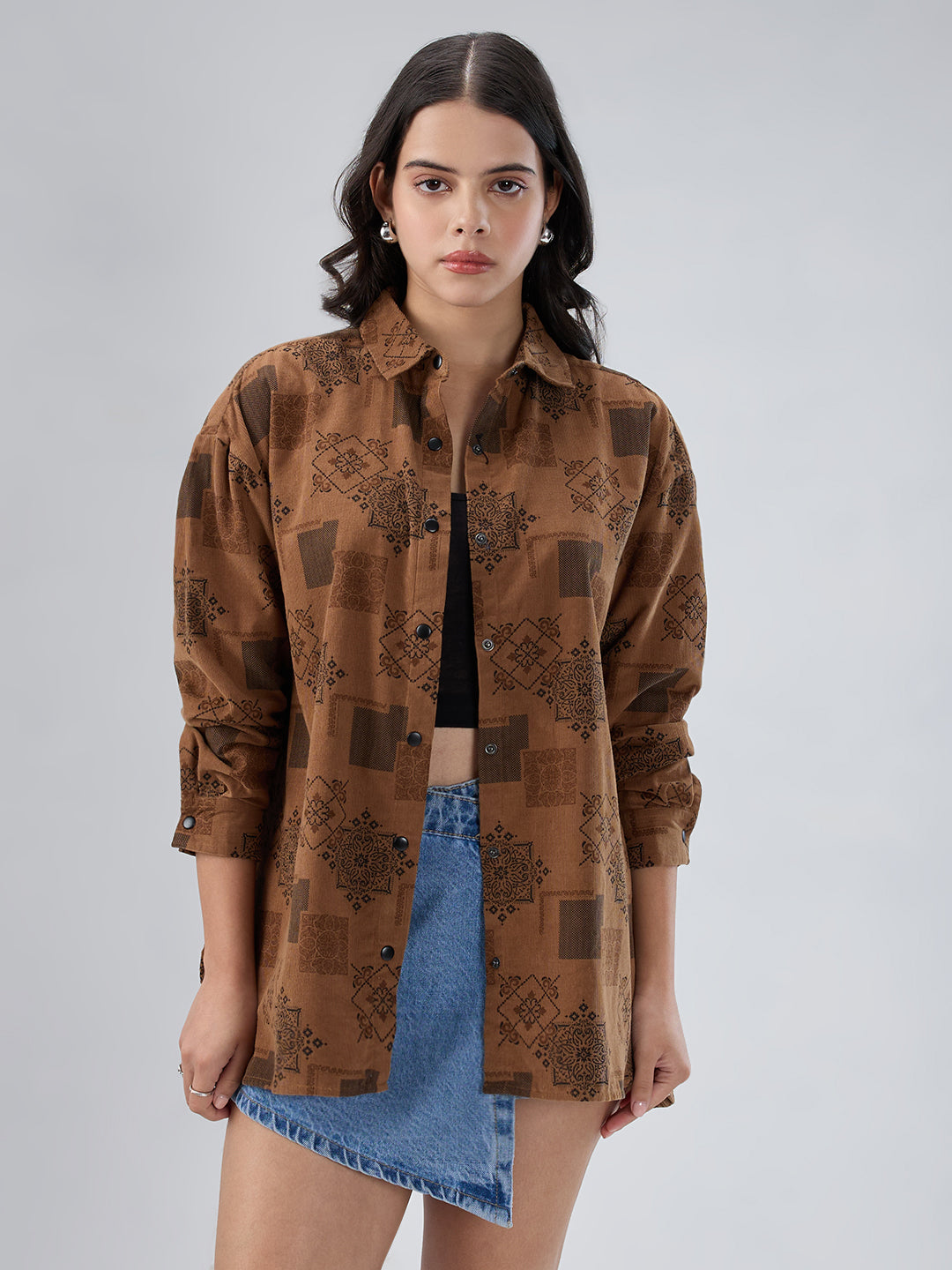 Brown Paisley Printed Corduroy Oversized Shirt