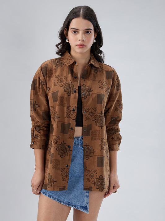 Brown Paisley Printed Corduroy Oversized Shirt