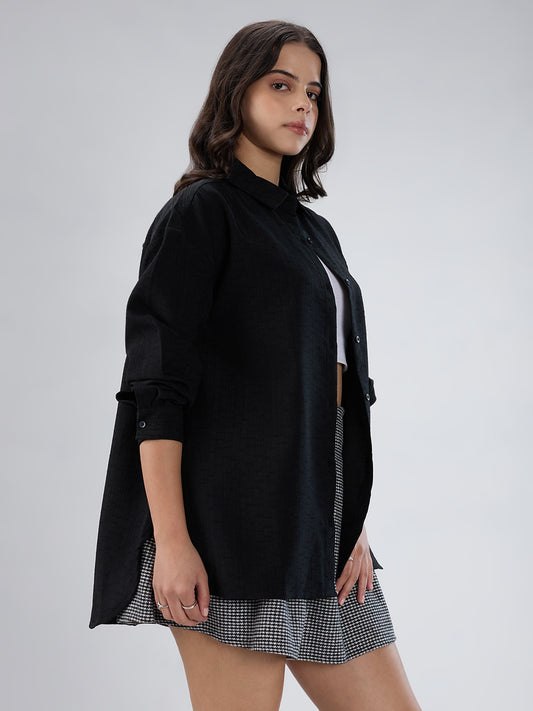 Black Slub Textured Oversized Shirt