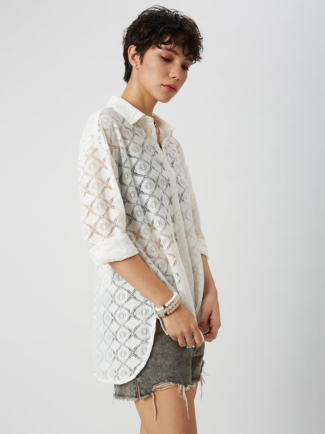 White Lace Crochet Oversized Shirt