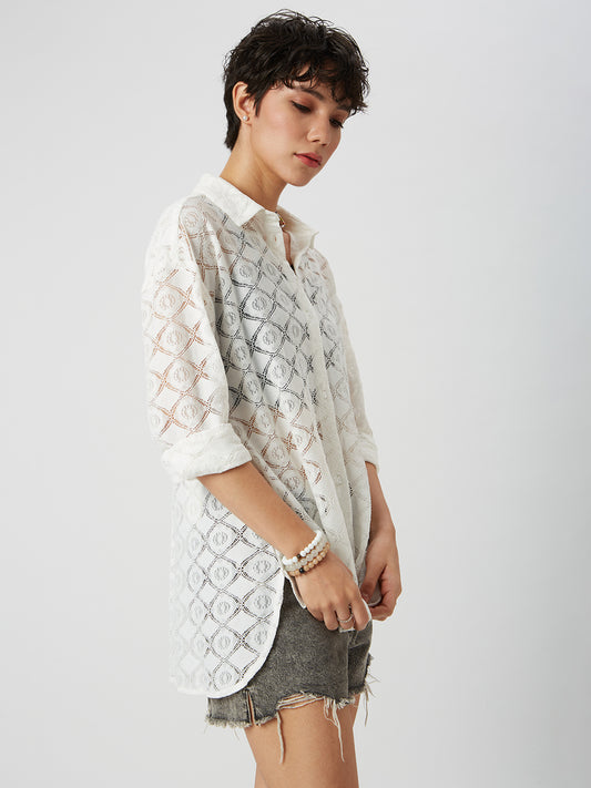 White Lace Crochet Oversized Shirt