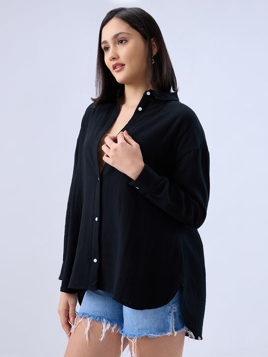 Sable Black Double Cloth Oversized Shirt