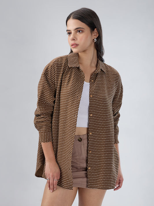 Brunette Brown & Beige Dotted Jacquard Oversized Shirt