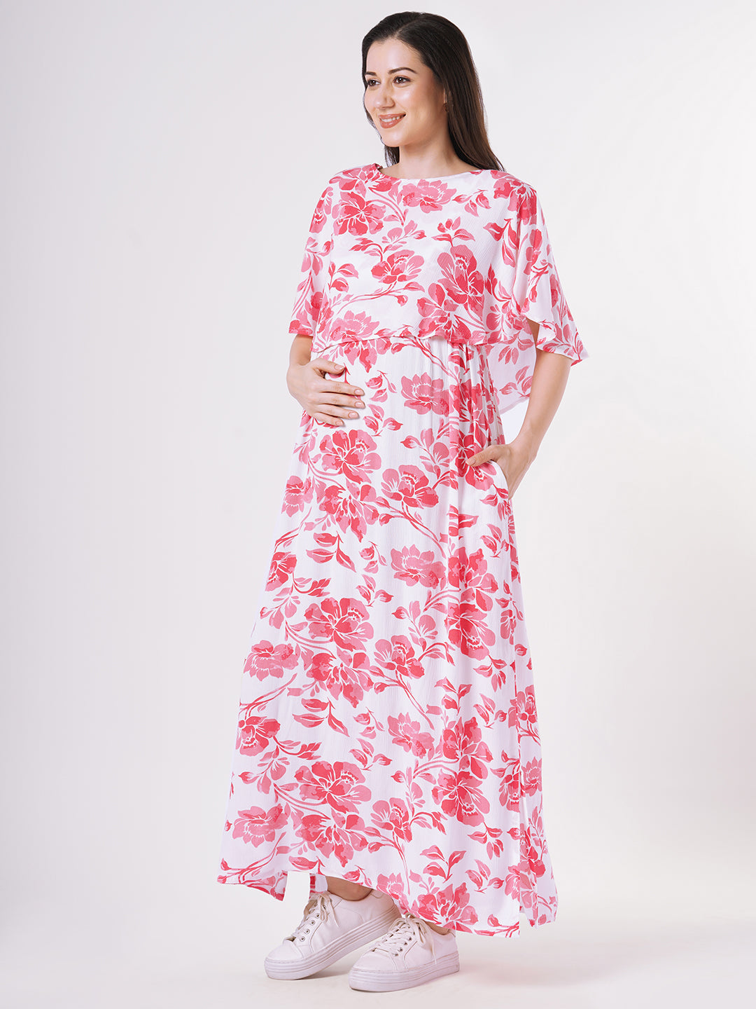 White & Pink Serene Floral Printed Maternity Crepe Dress