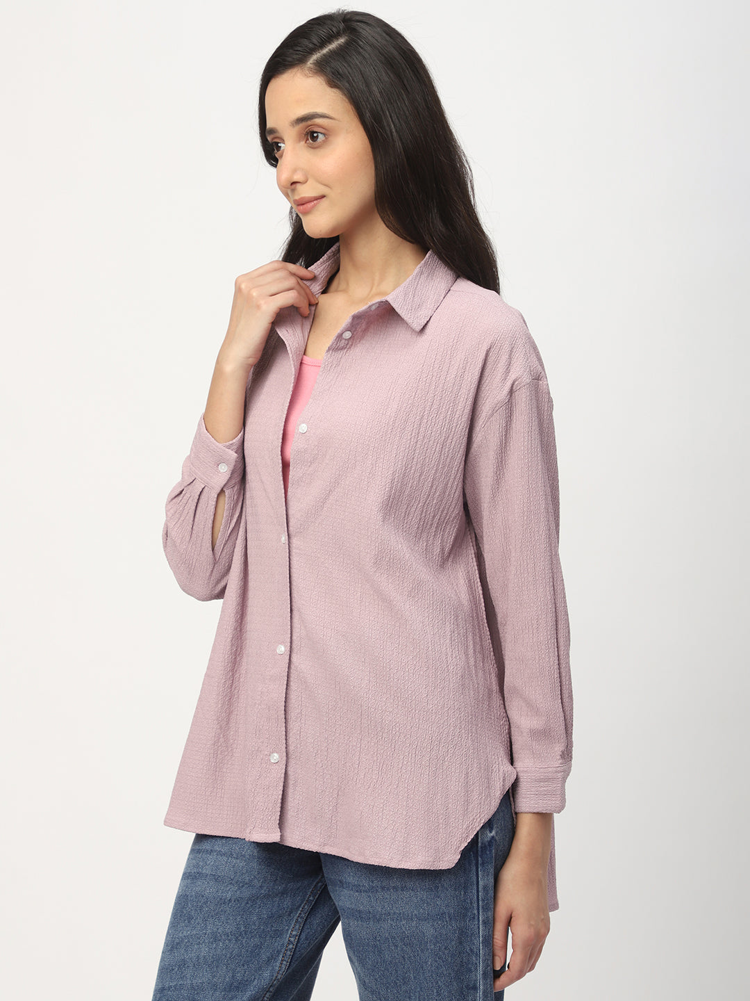 Lilac Jacquard Crinkled Oversized Shirt